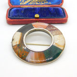 Victorian Scottish Sterling Silver Bloodstone & Agate Circular Brooch c1860