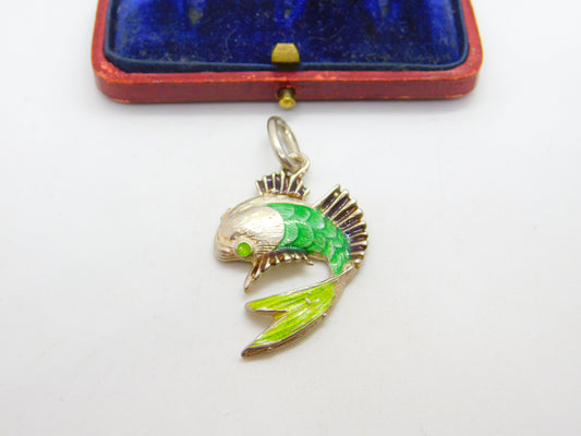 Sterling Silver & Green Enamel Tropical Fish Pendant Vintage c1980