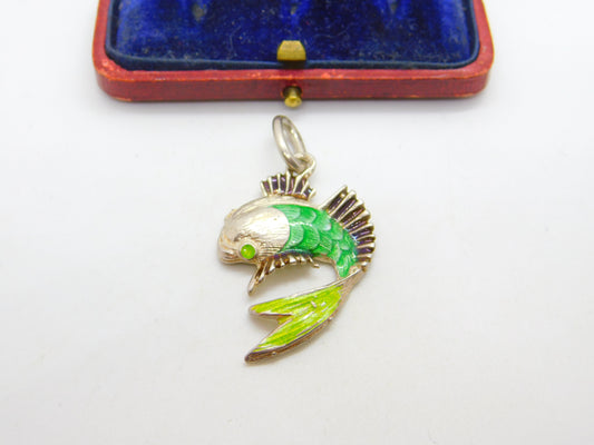 Sterling Silver & Green Enamel Tropical Fish Pendant Vintage c1980