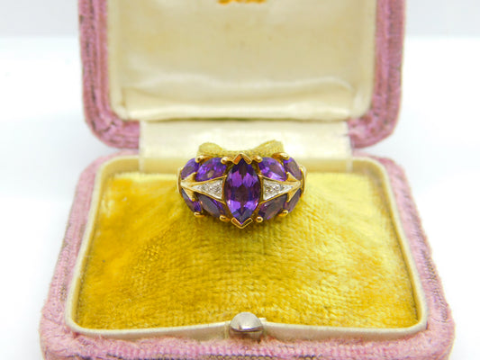 9ct Yellow Gold, Amethyst & Diamond Set Modernist Ring Vintage Birmingham