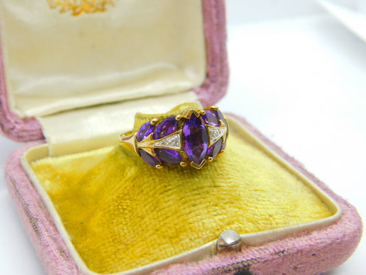 9ct Yellow Gold, Amethyst & Diamond Set Modernist Ring Vintage Birmingham