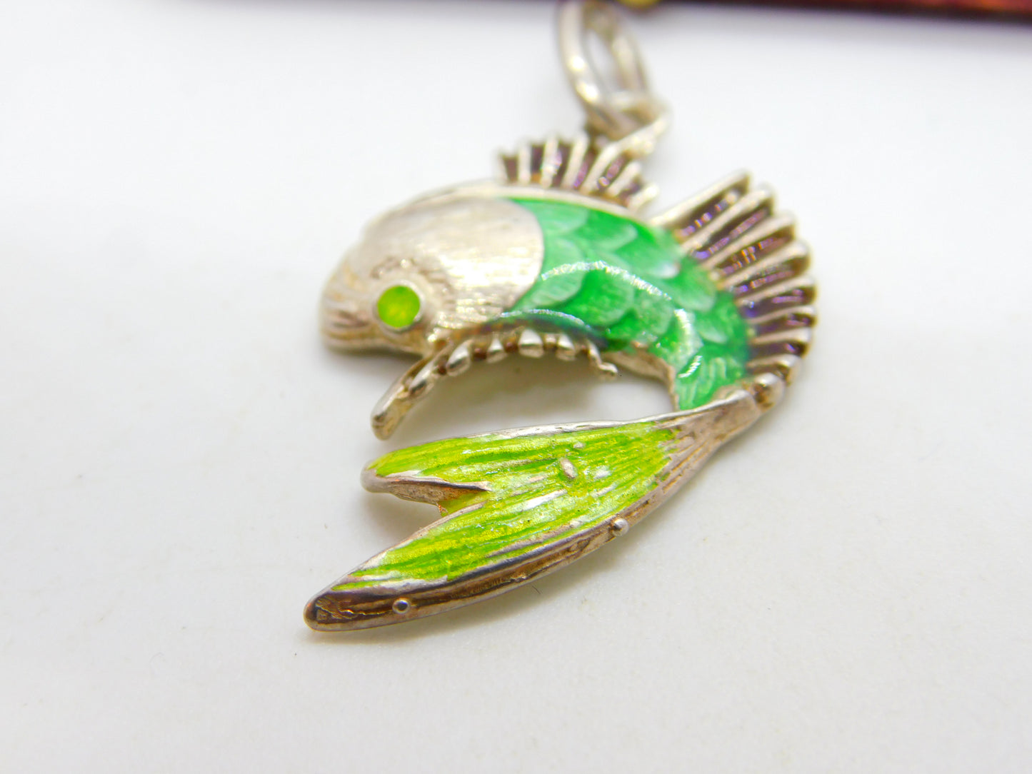 Sterling Silver & Green Enamel Tropical Fish Pendant Vintage c1980