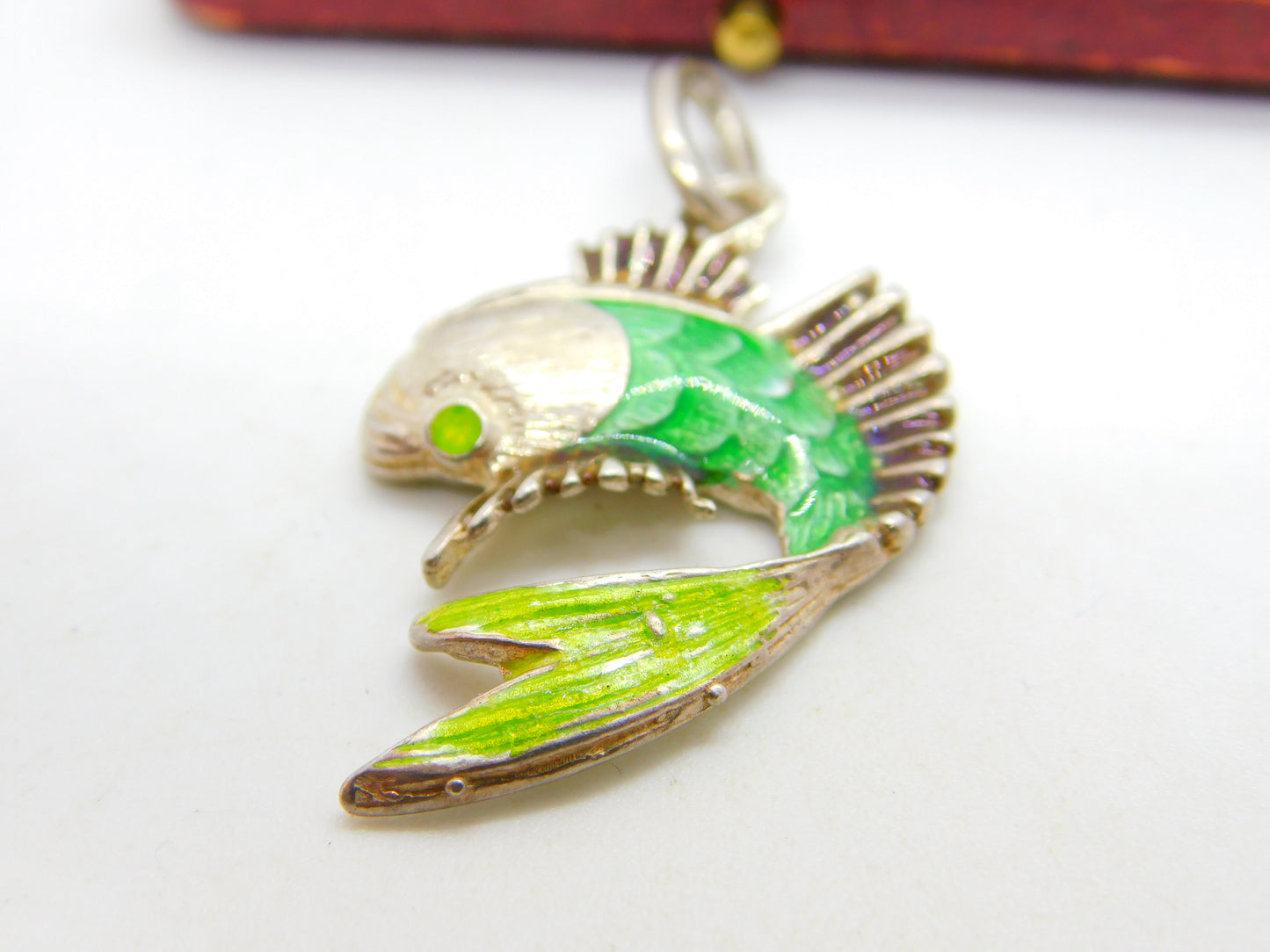 Sterling Silver & Green Enamel Tropical Fish Pendant Vintage c1980