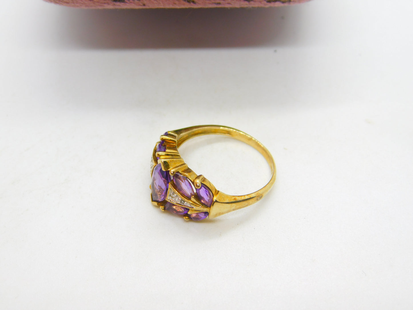 9ct Yellow Gold, Amethyst & Diamond Set Modernist Ring Vintage Birmingham