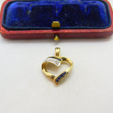 9ct Yellow Gold, Sapphire & Diamond Heart Drop Pendant Vintage c1990 Sheffield