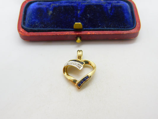 9ct Yellow Gold, Sapphire & Diamond Heart Drop Pendant Vintage c1990 Sheffield