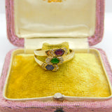 9ct Yellow Gold Ruby, Emerald, Sapphire Paste Stone Crossover Ring Birmingham