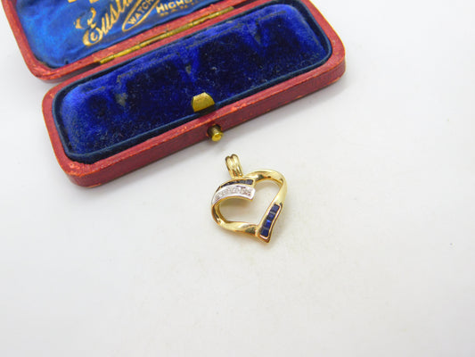 9ct Yellow Gold, Sapphire & Diamond Heart Drop Pendant Vintage c1990 Sheffield