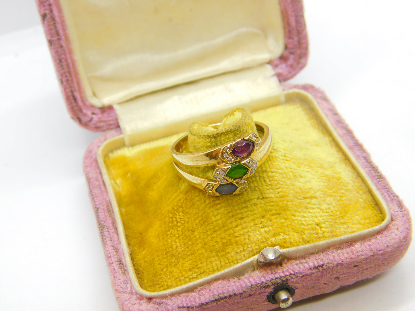 9ct Yellow Gold Ruby, Emerald, Sapphire Paste Stone Crossover Ring Birmingham