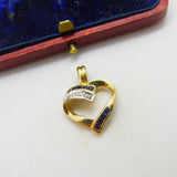 9ct Yellow Gold, Sapphire & Diamond Heart Drop Pendant Vintage c1990 Sheffield