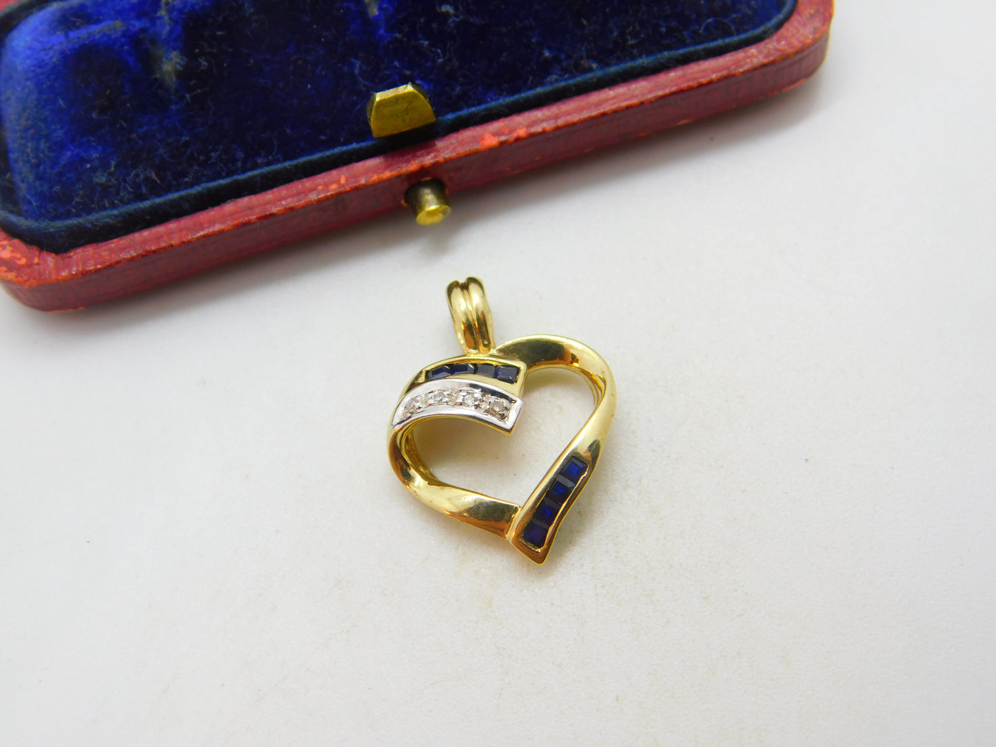 9ct Yellow Gold, Sapphire & Diamond Heart Drop Pendant Vintage c1990 Sheffield