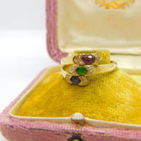 9ct Yellow Gold Ruby, Emerald, Sapphire Paste Stone Crossover Ring Birmingham