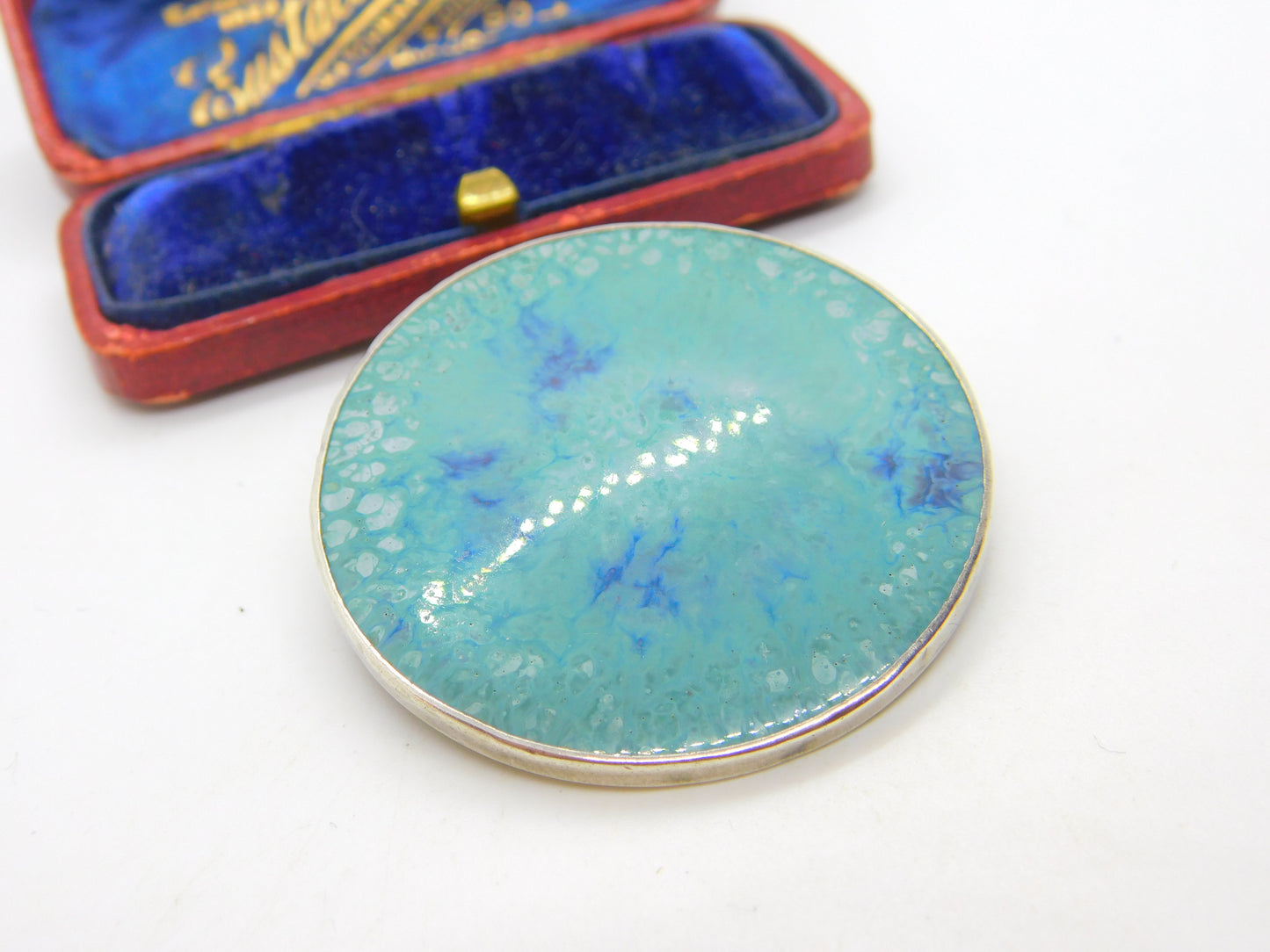 Arts & Crafts Sterling Silver Mounted Ruskin Blue Pottery Brooch c1900 Victorian