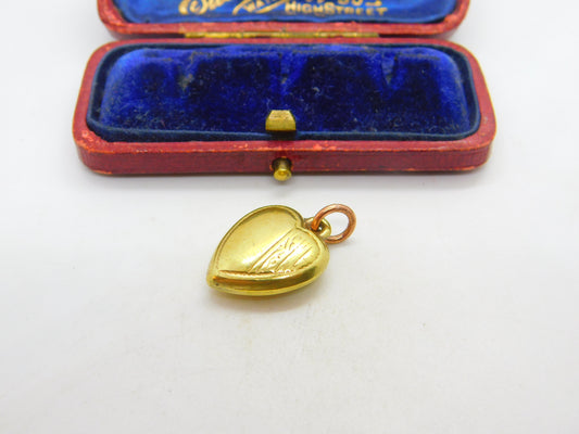 15ct Yellow Gold Cased Puffy Heart Charm or Pendant Antique c1930 Art Deco