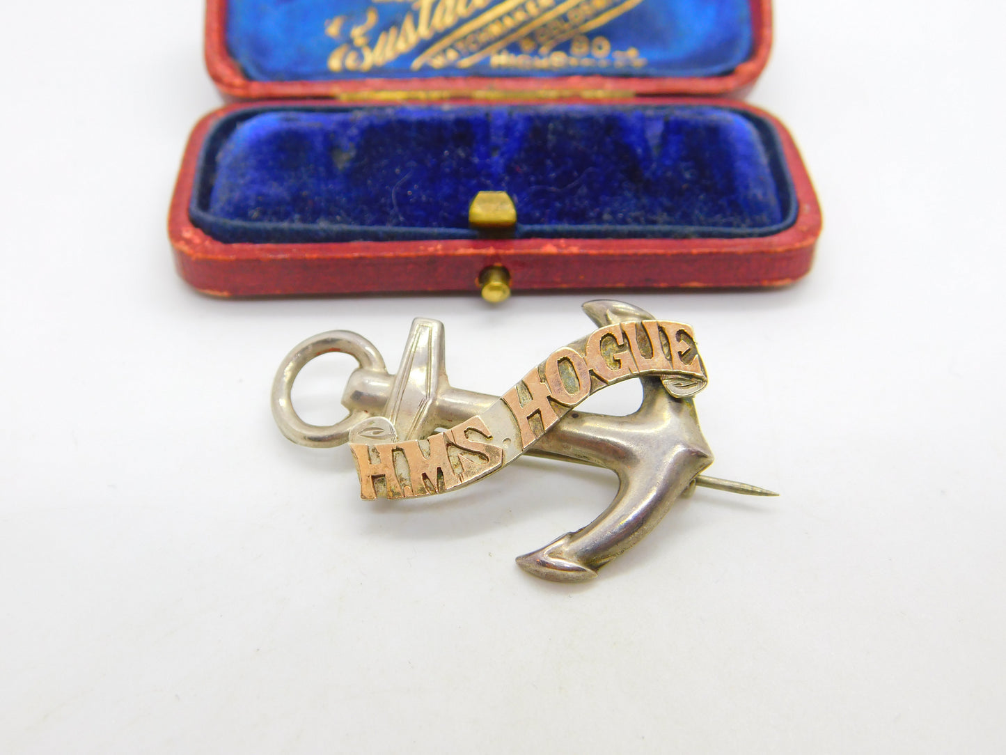 WW1 9ct Gold & Sterling Silver HMS Hogue Sunk Sept. 1914 Anchor Brooch Pin