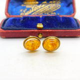 Pair of 9ct Yellow Gold & Cabochon Baltic Amber Stud Earrings 1973 Birmingham
