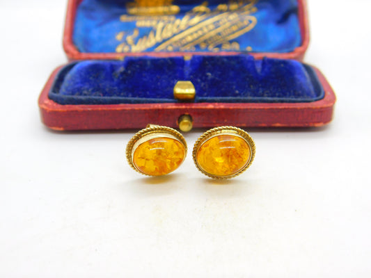 Pair of 9ct Yellow Gold & Cabochon Baltic Amber Stud Earrings 1973 Birmingham