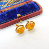 Pair of 9ct Yellow Gold & Cabochon Baltic Amber Stud Earrings 1973 Birmingham