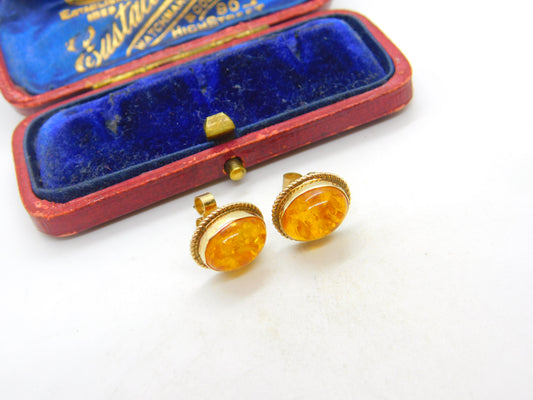 Pair of 9ct Yellow Gold & Cabochon Baltic Amber Stud Earrings 1973 Birmingham