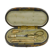 19th Century Ornate French Boxed Sterling Silver Gilt Sewing Kit Antique c1880