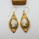 Day & Night Shell Cameo Pinchbeck Dangling Ear Pendant Earrings Antique c1860