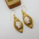 Day & Night Shell Cameo Pinchbeck Dangling Ear Pendant Earrings Antique c1860