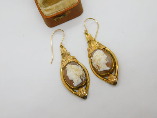 Day & Night Shell Cameo Pinchbeck Dangling Ear Pendant Earrings Antique c1860