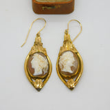 Day & Night Shell Cameo Pinchbeck Dangling Ear Pendant Earrings Antique c1860