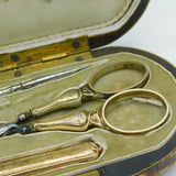 19th Century Ornate French Boxed Sterling Silver Gilt Sewing Kit Antique c1880