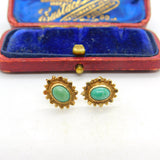 Pair of 9ct Yellow Gold & Cabochon Turquoise Set Stud Earrings 1963 Vintage