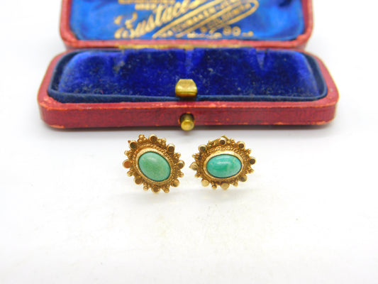 Pair of 9ct Yellow Gold & Cabochon Turquoise Set Stud Earrings 1963 Vintage