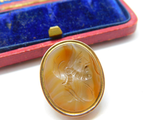 Georgian Rolled Gold & Carved Agate Intaglio Seal of Soldier Brooch Antique 1800