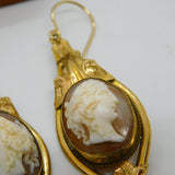 Day & Night Shell Cameo Pinchbeck Dangling Ear Pendant Earrings Antique c1860