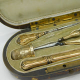 19th Century Ornate French Boxed Sterling Silver Gilt Sewing Kit Antique c1880