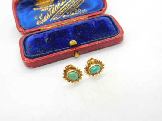 Pair of 9ct Yellow Gold & Cabochon Turquoise Set Stud Earrings 1963 Vintage