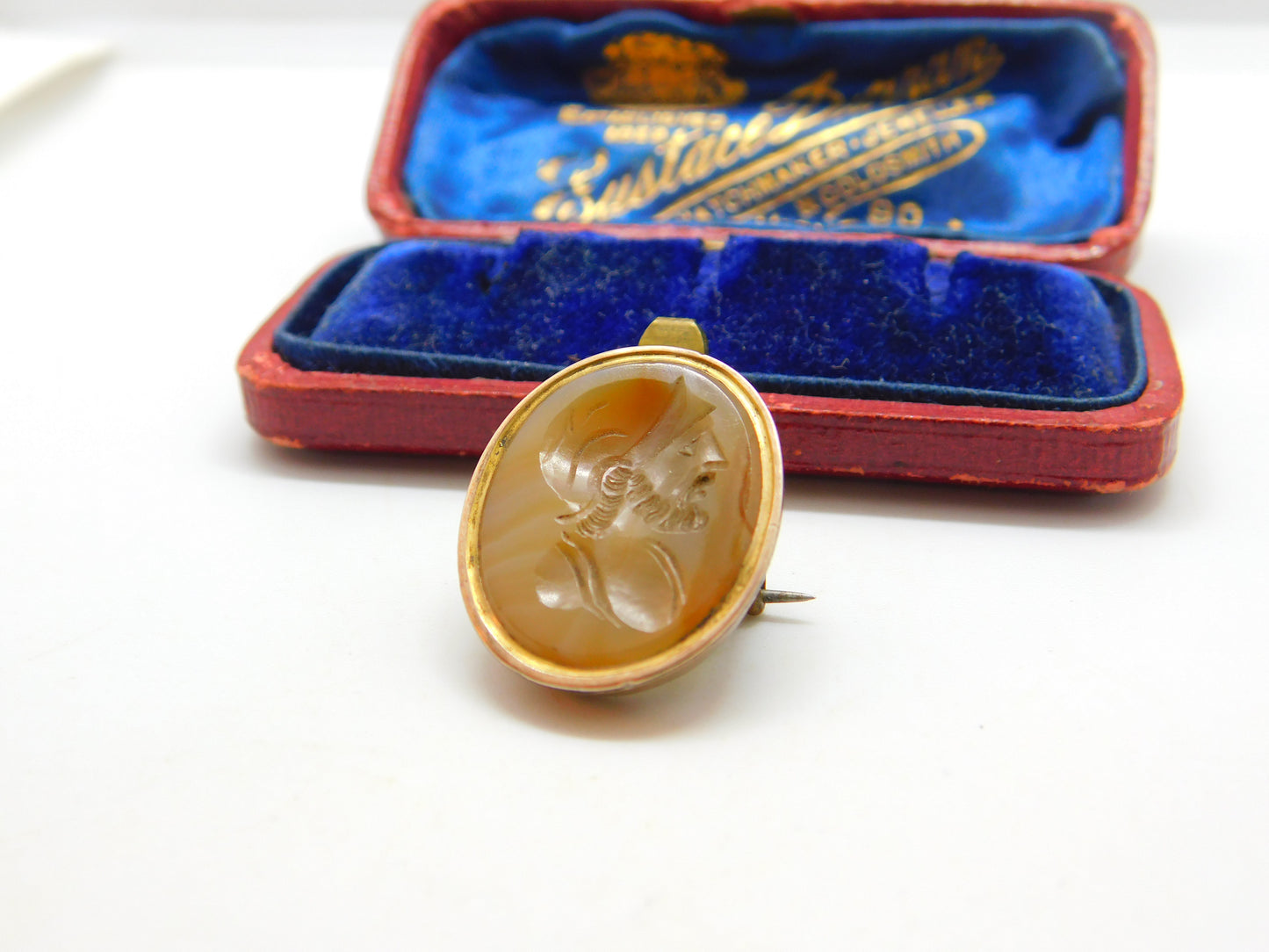 Georgian Rolled Gold & Carved Agate Intaglio Seal of Soldier Brooch Antique 1800