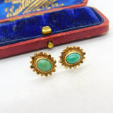 Pair of 9ct Yellow Gold & Cabochon Turquoise Set Stud Earrings 1963 Vintage