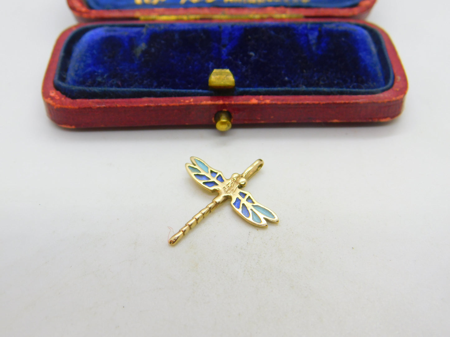 9ct Yellow Gold & Blue Enamel Dragonfly Pendant Vintage 1983 London