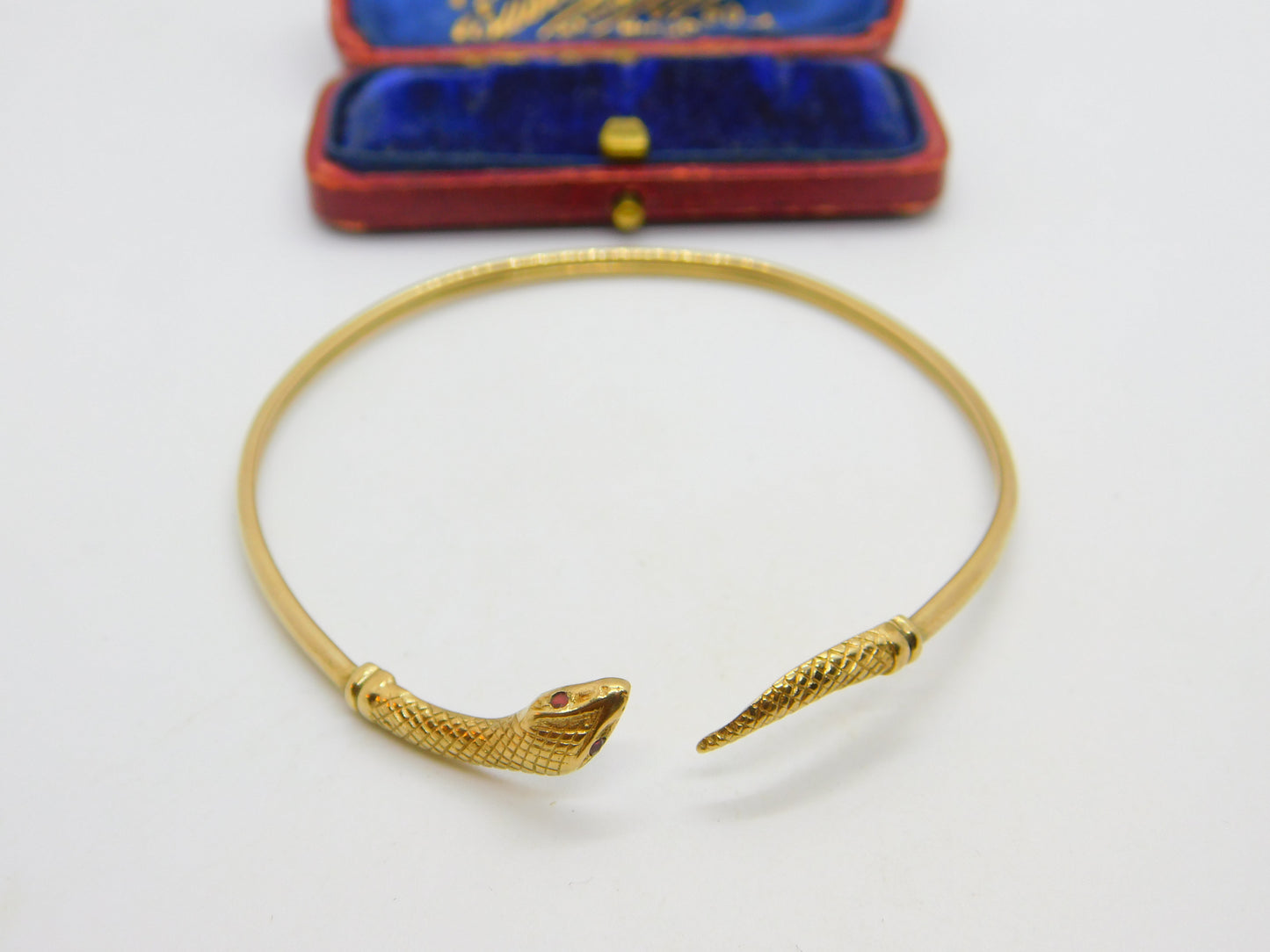 9ct Yellow Gold Ruby Eye Serpent Snake Bangle Bracelet Antique c1920 Art Deco