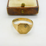 9ct Yellow & Diamond Gold Rising Sun Signet Ring Vintage 1971 Birmingham