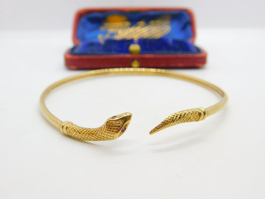 9ct Yellow Gold Ruby Eye Serpent Snake Bangle Bracelet Antique c1920 Art Deco