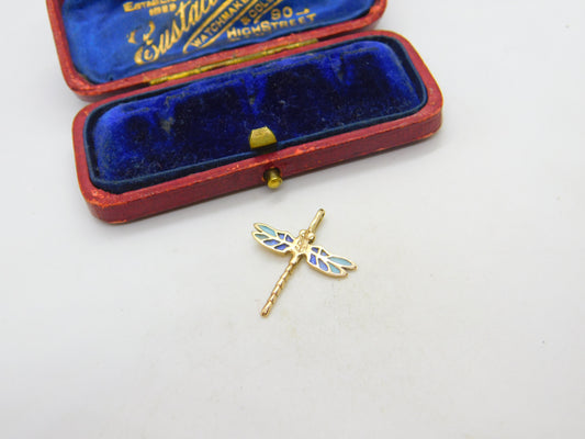 9ct Yellow Gold & Blue Enamel Dragonfly Pendant Vintage 1983 London