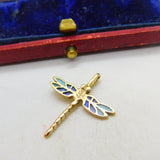 9ct Yellow Gold & Blue Enamel Dragonfly Pendant Vintage 1983 London