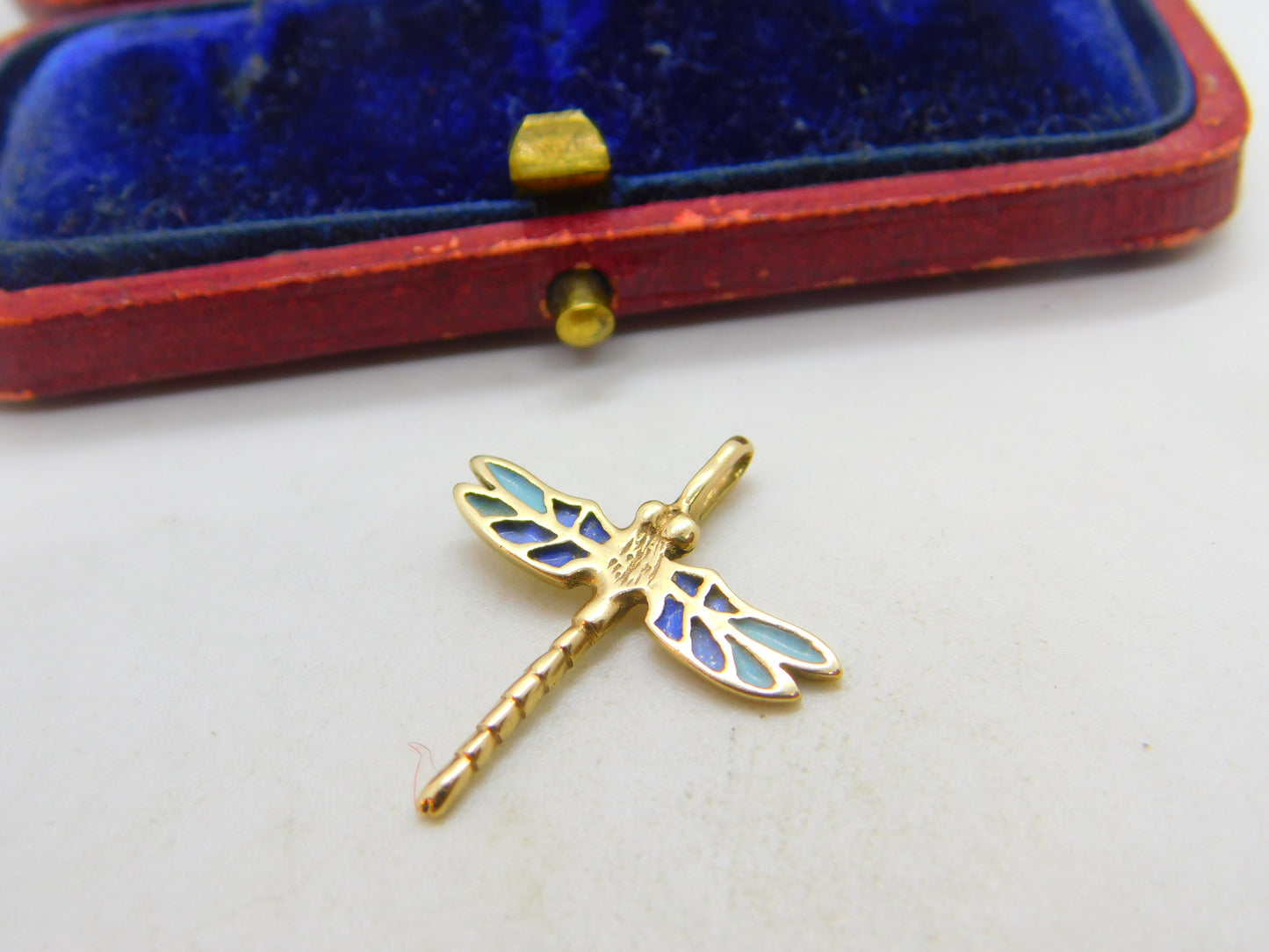 9ct Yellow Gold & Blue Enamel Dragonfly Pendant Vintage 1983 London