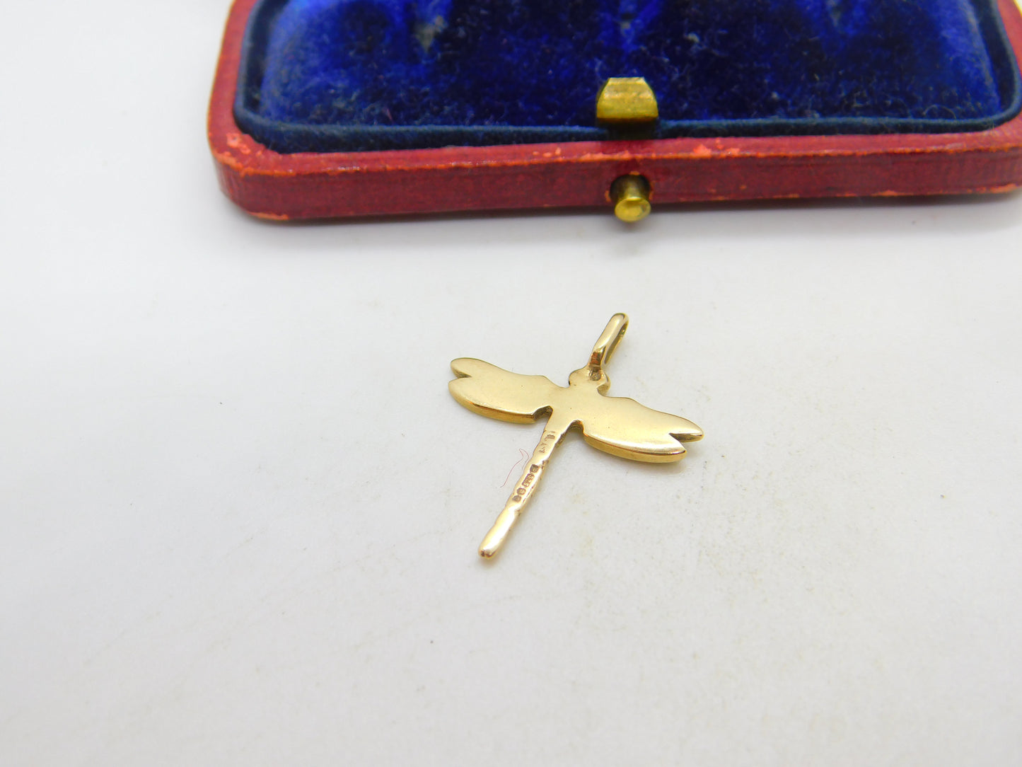 9ct Yellow Gold & Blue Enamel Dragonfly Pendant Vintage 1983 London