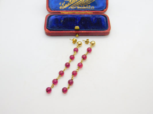 14ct Yellow Gold Filled Beaded Garnet Drop Stud Earrings Vintage c1970