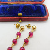 14ct Yellow Gold Filled Beaded Garnet Drop Stud Earrings Vintage c1970