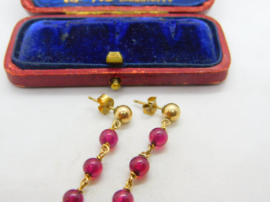 14ct Yellow Gold Filled Beaded Garnet Drop Stud Earrings Vintage c1970