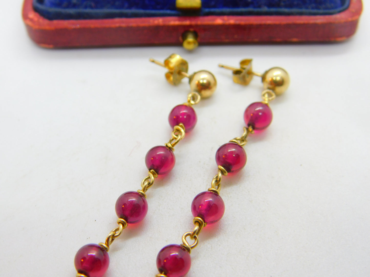 14ct Yellow Gold Filled Beaded Garnet Drop Stud Earrings Vintage c1970