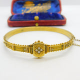 Victorian Etruscan Style 15ct Yellow Gold Seed Pearl Bangle Bracelet c1860